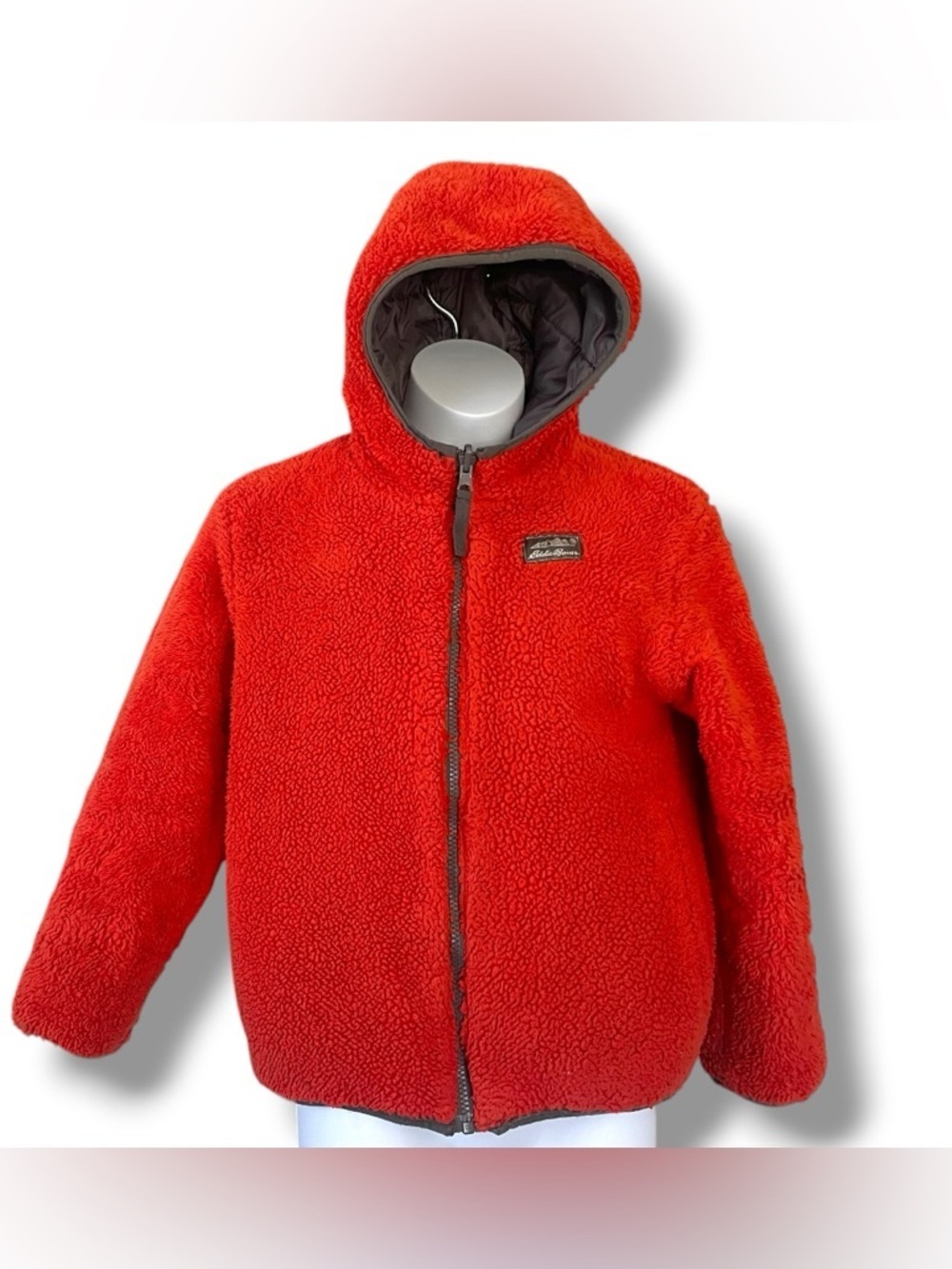 Eddie Bauer Reversible Jacket Kids S 7/8 Gray Puffer Orange Sherpa Hooded Coat - Picture 7 of 12